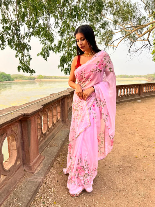 Beautiful Baby Pink Color Pearl Work Organza Saree with Blouse Piece
