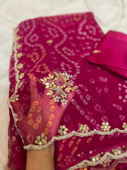 Beautiful Pure Chiffon Hand Bandhini Saree with Pear and Gota Work and Blouse Piece