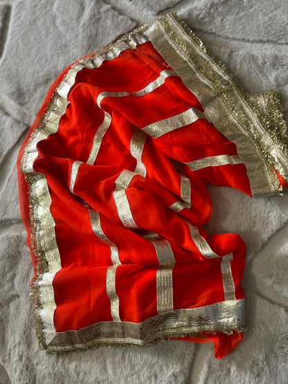 Orange Colour Celebrity Inspired Gota Chiffon Saree with Same Fabric Blouse in Running