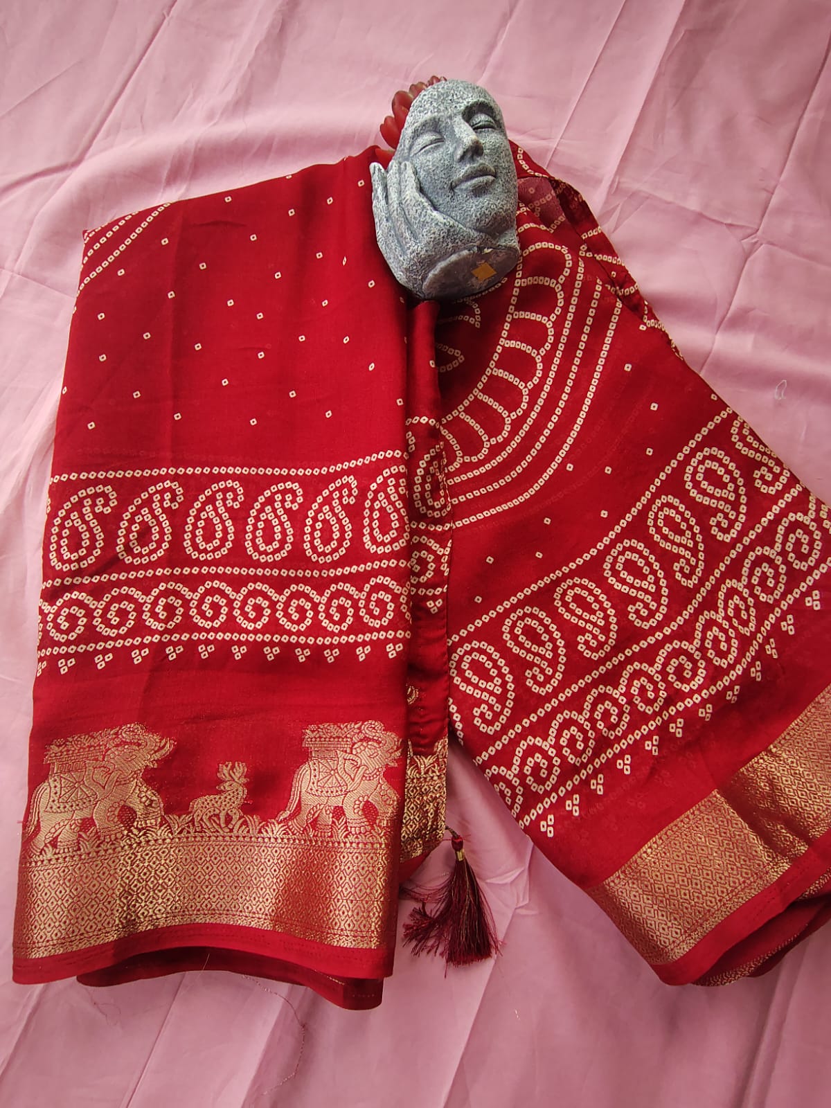 Beautiful Red Color Bandhini Mosmelo Saree with Designer Border