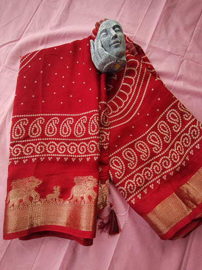 Beautiful Red Color Bandhini Mosmelo Saree with Designer Border