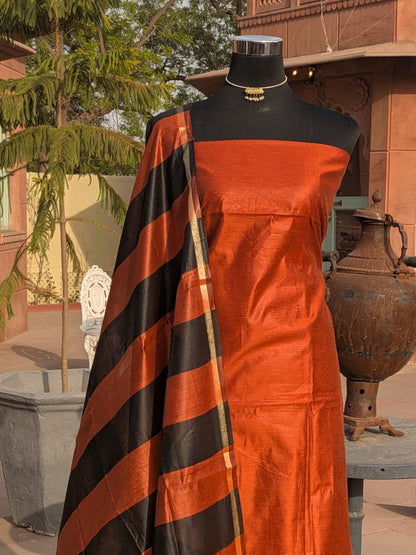 Brick Colour Silk Suit with Zari Border (Unstitched)