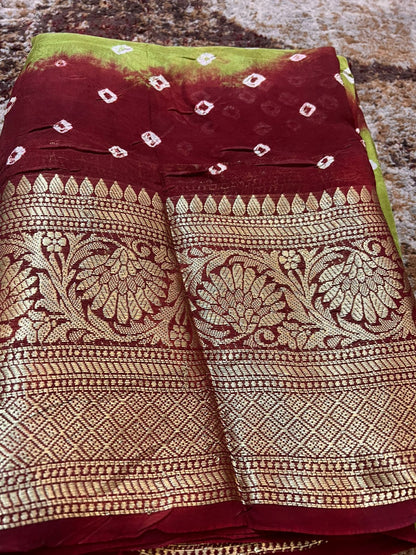 Pista Green and Maroon Soft Silk Banarasi Saree with Running Blouse