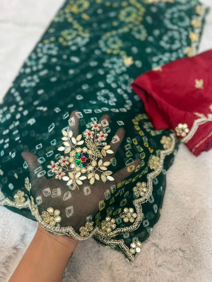 Beautiful Pure Chiffon Hand Bandhini Green Saree with Pear and Gota Work and Blouse Piece