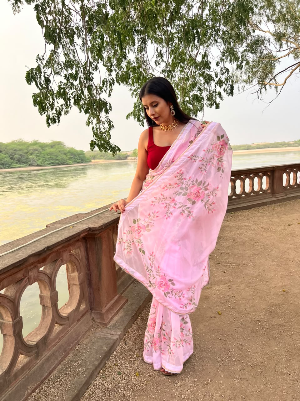 Beautiful Baby Pink Color Pearl Work Organza Saree with Blouse Piece