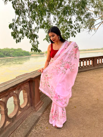 Beautiful Baby Pink Color Pearl Work Organza Saree with Blouse Piece