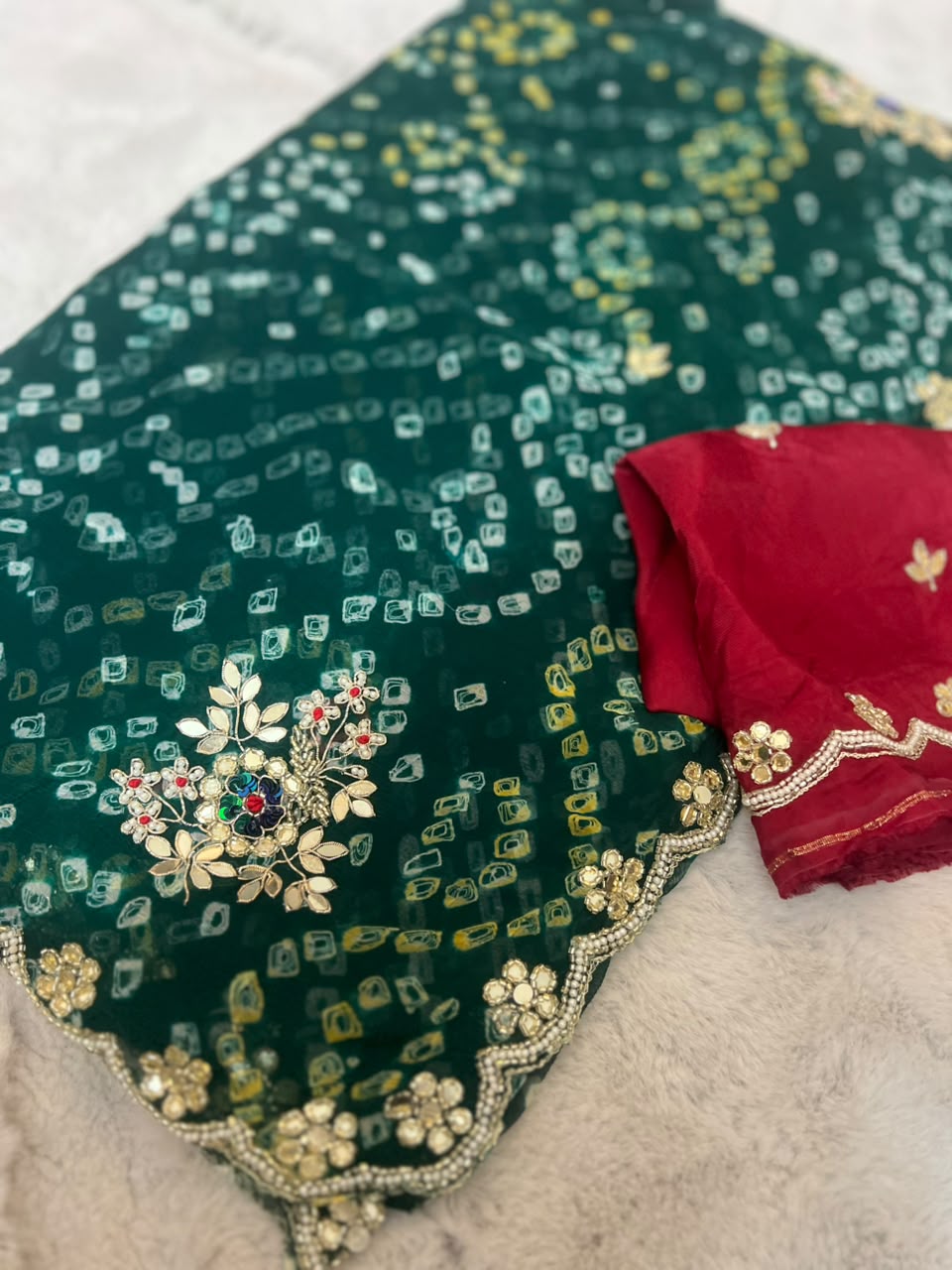 Beautiful Pure Chiffon Hand Bandhini Green Saree with Pear and Gota Work and Blouse Piece