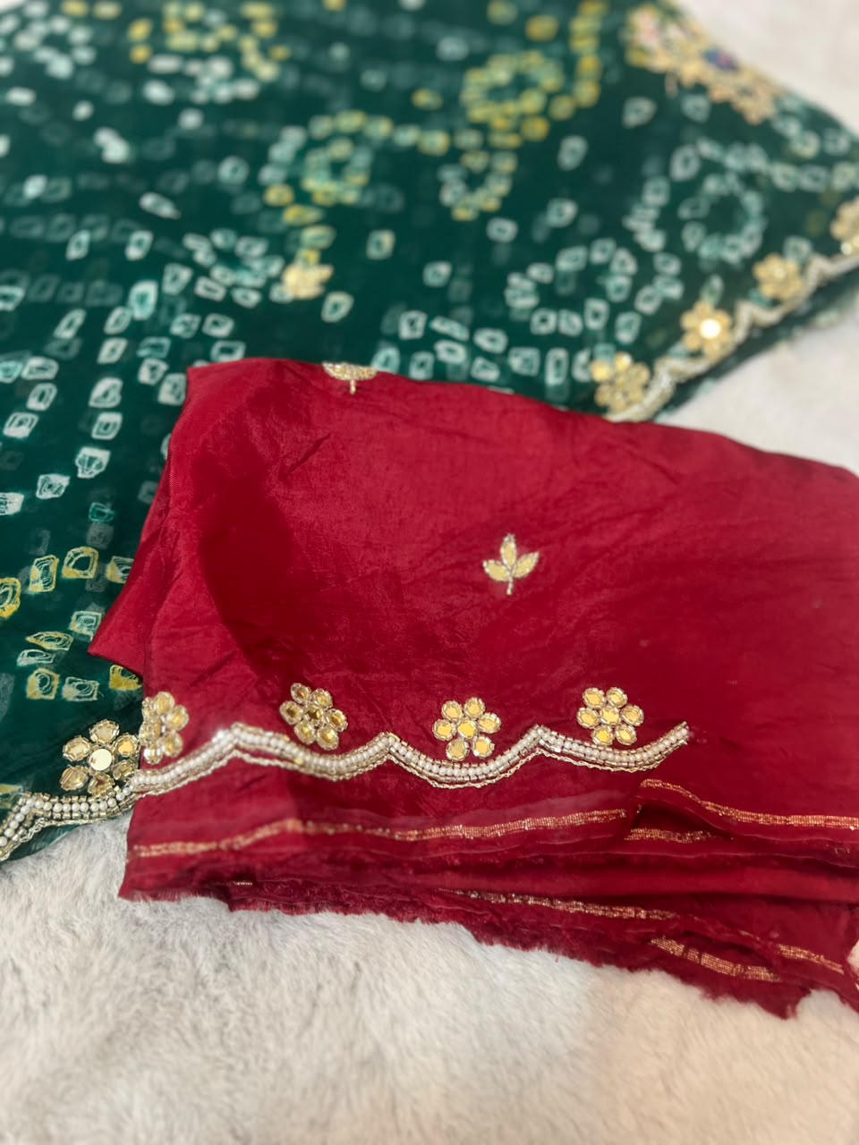 Beautiful Pure Chiffon Hand Bandhini Green Saree with Pear and Gota Work and Blouse Piece