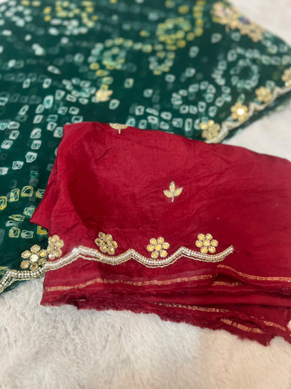 Beautiful Pure Chiffon Hand Bandhini Green Saree with Pear and Gota Work and Blouse Piece