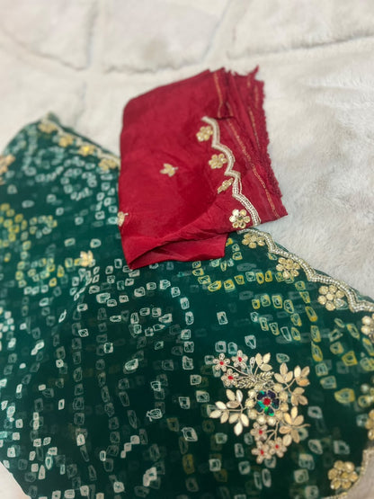 Beautiful Pure Chiffon Hand Bandhini Green Saree with Pear and Gota Work and Blouse Piece