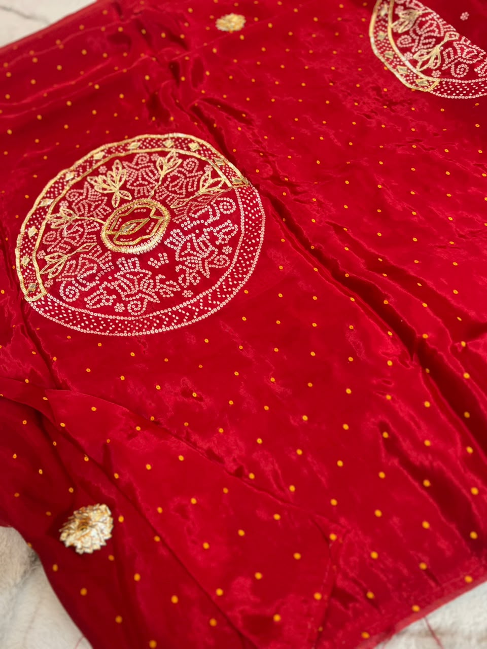 Beautiful Bandhini Weaving and Gota Work Crepe Saree with Blouse Piece