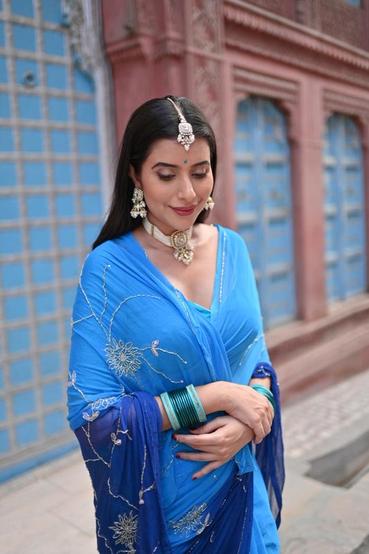 Sky Blue and  Dark Blue Shaded Zaal Work Chiffon Saree with Blouse Piece