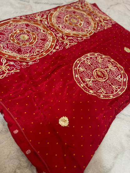 Beautiful Bandhini Weaving and Gota Work Crepe Saree with Blouse Piece