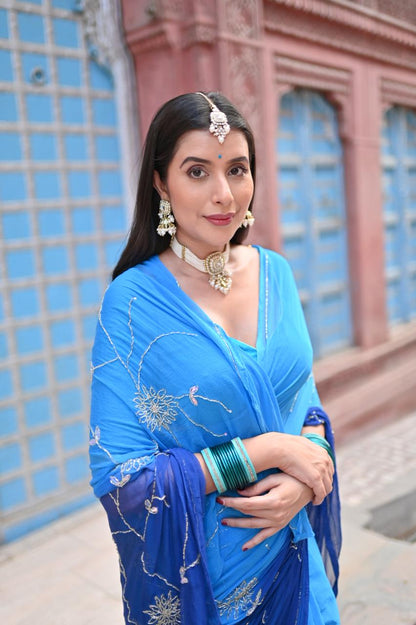 Sky Blue and  Dark Blue Shaded Zaal Work Chiffon Saree with Blouse Piece