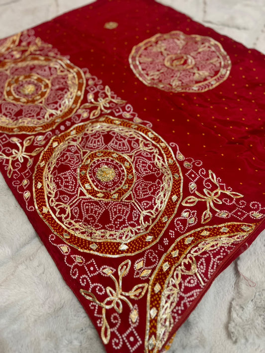 Beautiful Bandhini Weaving and Gota Work Crepe Saree with Blouse Piece