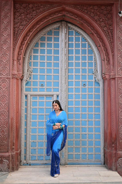 Sky Blue and  Dark Blue Shaded Zaal Work Chiffon Saree with Blouse Piece