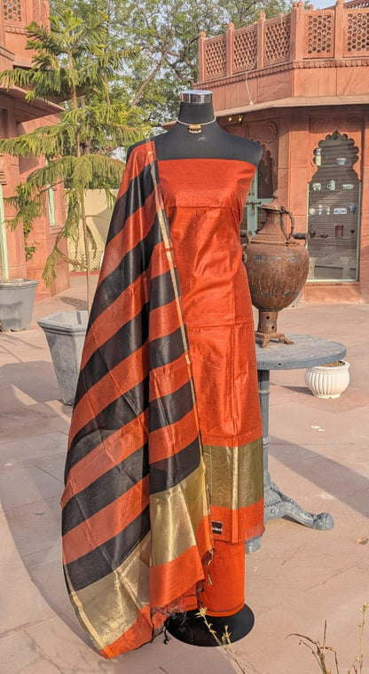 Brick Colour Silk Suit with Zari Border (Unstitched)