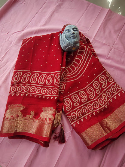 Beautiful Red Color Bandhini Mosmelo Saree with Designer Border