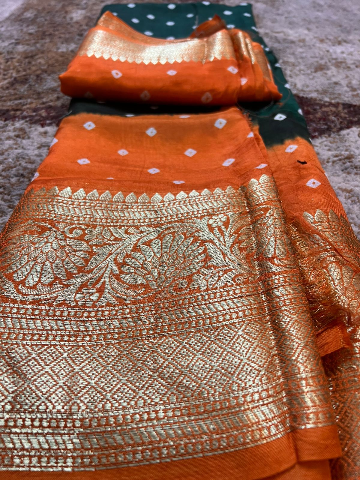 Bottle Green and Orange Soft Silk Banarasi Saree with Running Blouse