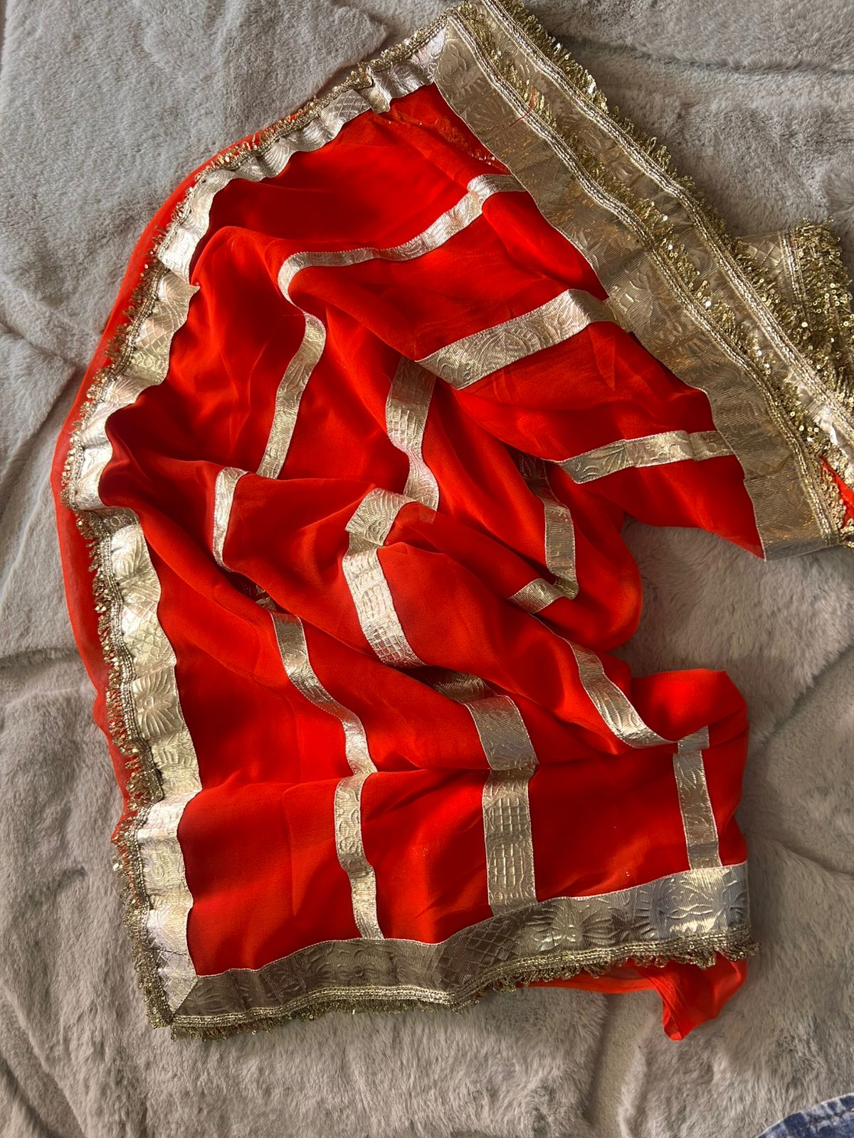 Orange Colour Celebrity Inspired Gota Chiffon Saree with Same Fabric Blouse in Running