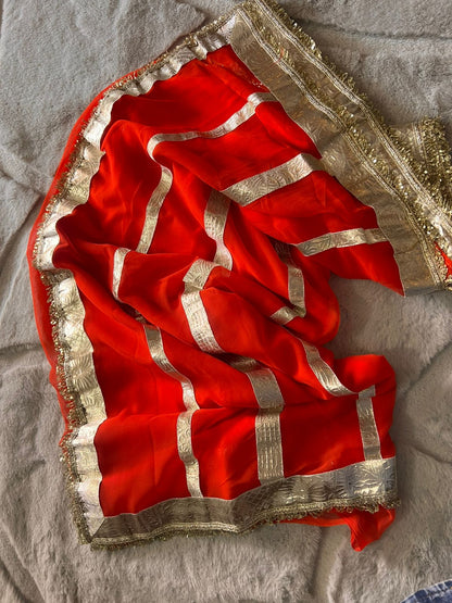 Orange Colour Celebrity Inspired Gota Chiffon Saree with Same Fabric Blouse in Running