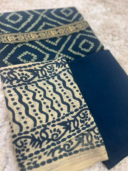 Beautiful Bandini Print Designer Suit with Lovely Malmal Dupatta (Unstitched)