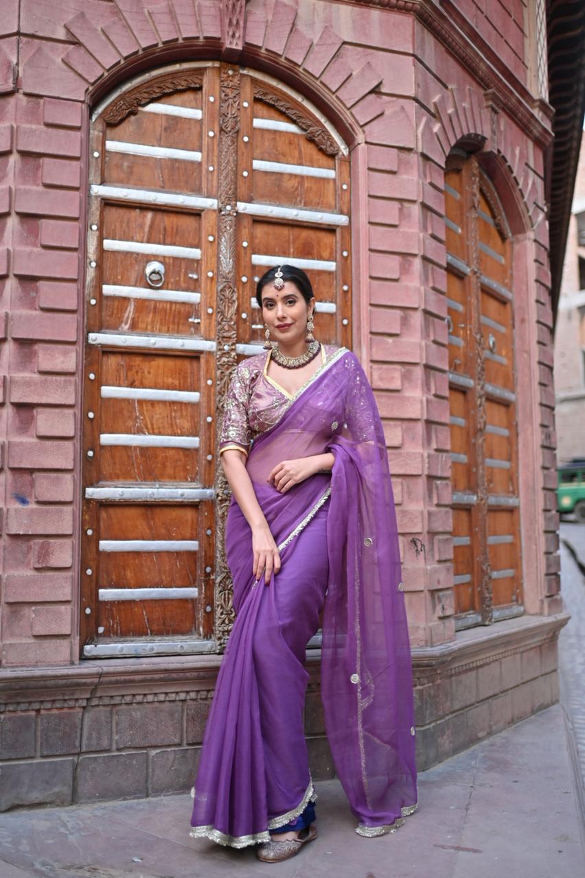 Beautiful Wine-Purple Color Chiffon Saree with Kanchli Blouse