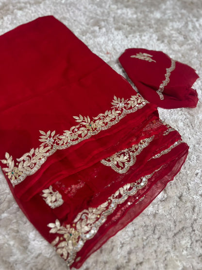 Beautiful Pure Chiffon Saree with Gota and Mirror Work with Same Work Crepe Blouse Piece