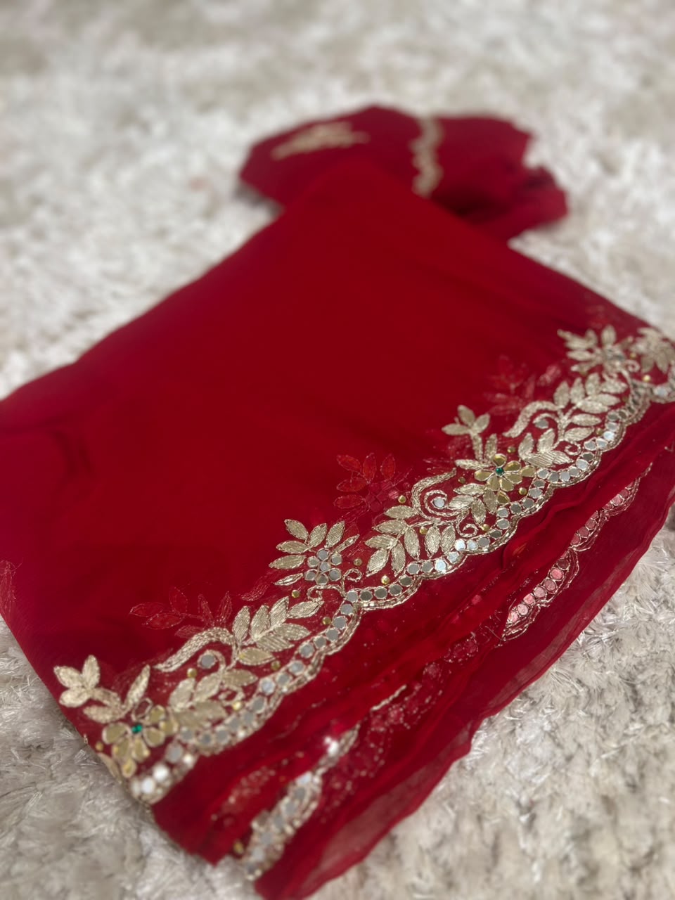Beautiful Pure Chiffon Saree with Gota and Mirror Work with Same Work Crepe Blouse Piece