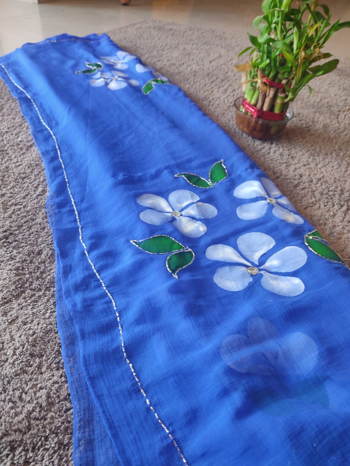 Blue Flower Pearl Work Chiffon Saree with Blouse Piece