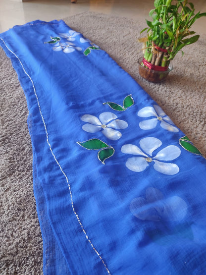 Blue Flower Pearl Work Chiffon Saree with Blouse Piece