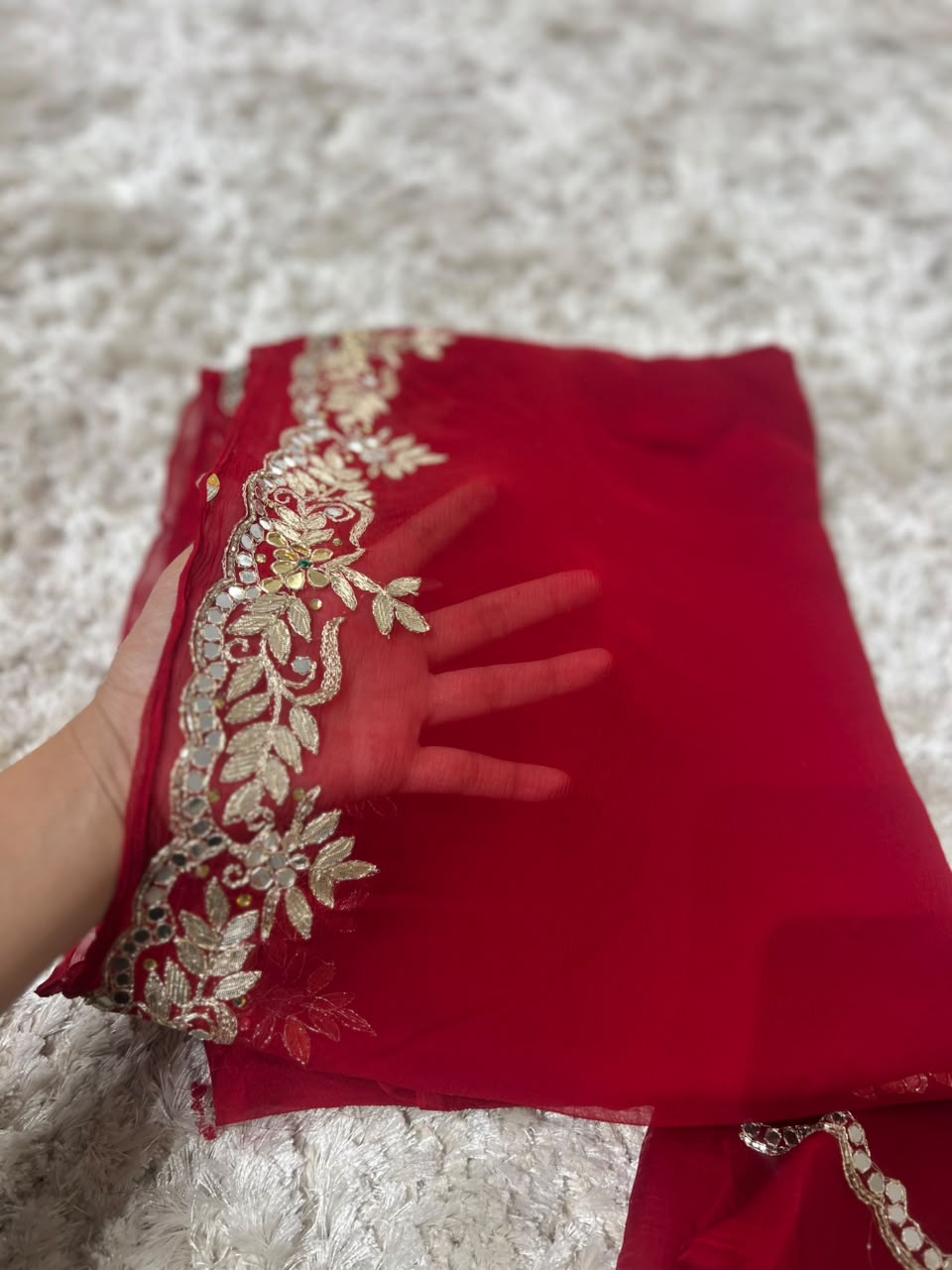 Beautiful Pure Chiffon Saree with Gota and Mirror Work with Same Work Crepe Blouse Piece