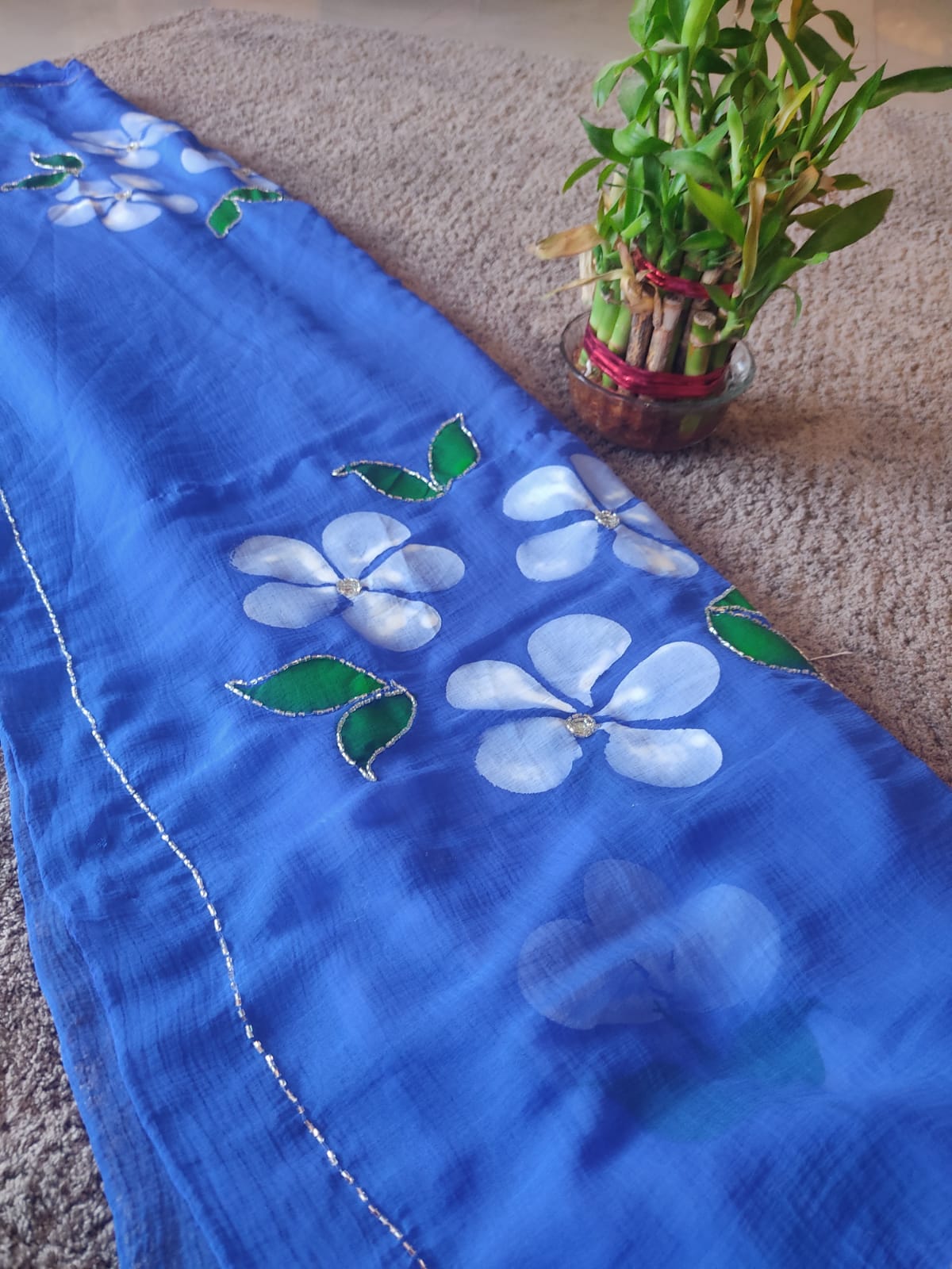 Blue Flower Pearl Work Chiffon Saree with Blouse Piece