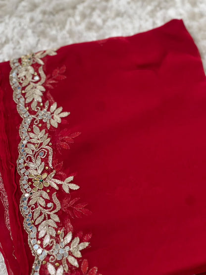 Beautiful Pure Chiffon Saree with Gota and Mirror Work with Same Work Crepe Blouse Piece