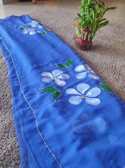 Blue Flower Pearl Work Chiffon Saree with Blouse Piece