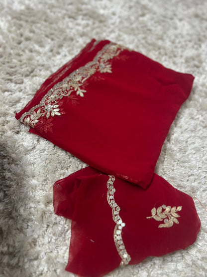 Beautiful Pure Chiffon Saree with Gota and Mirror Work with Same Work Crepe Blouse Piece