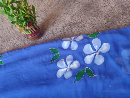 Blue Flower Pearl Work Chiffon Saree with Blouse Piece