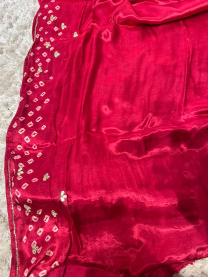Beautiful Pure Gajji Silk Bandhini Saree with Gota and Pearl Work