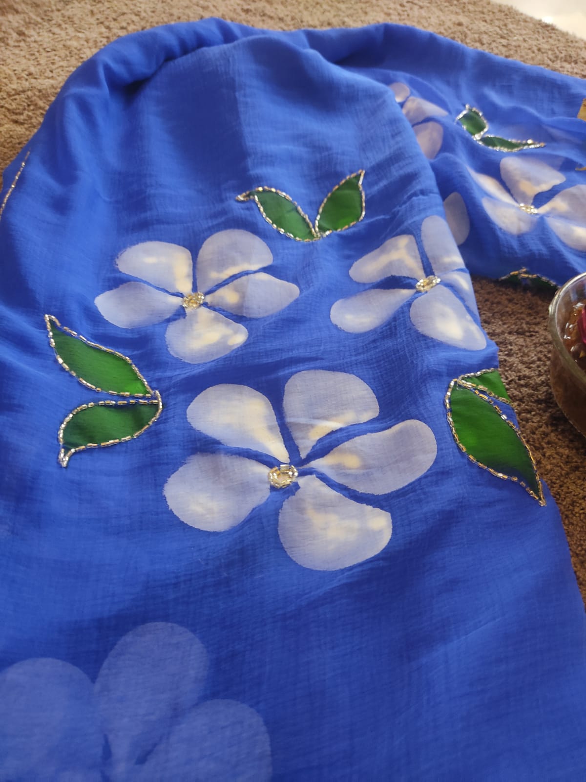 Blue Flower Pearl Work Chiffon Saree with Blouse Piece