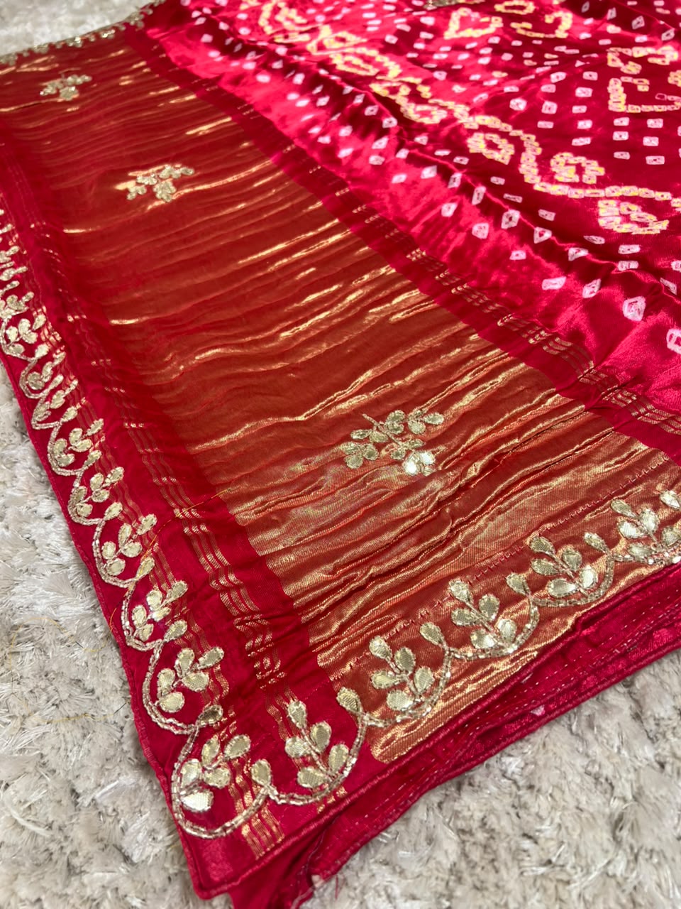 Beautiful Pure Gajji Silk Bandhini Saree with Gota and Pearl Work