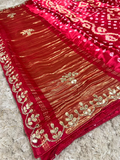 Beautiful Pure Gajji Silk Bandhini Saree with Gota and Pearl Work