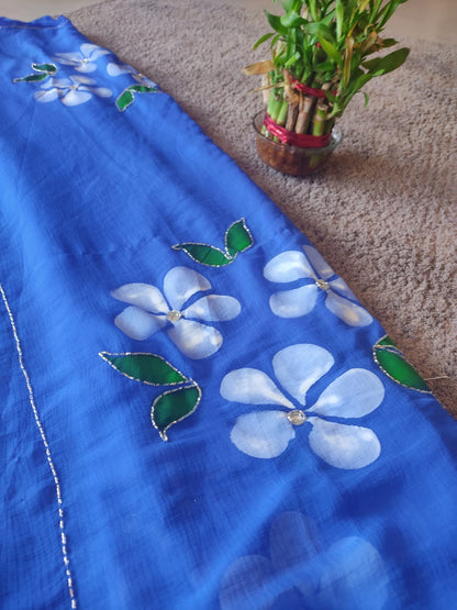 Blue Flower Pearl Work Chiffon Saree with Blouse Piece