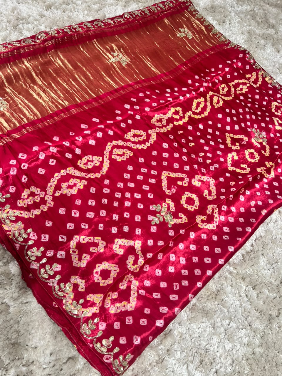 Beautiful Pure Gajji Silk Bandhini Saree with Gota and Pearl Work