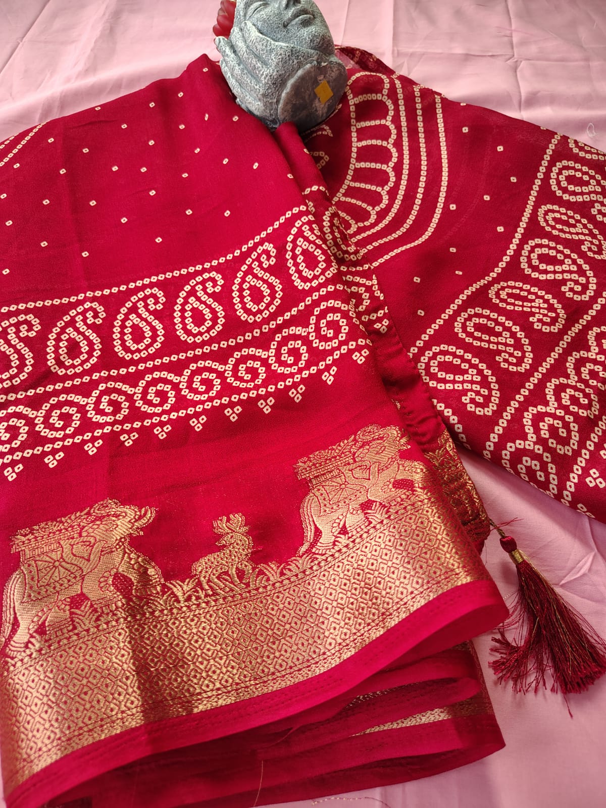 Beautiful Red Color Bandhini Mosmelo Saree with Designer Border