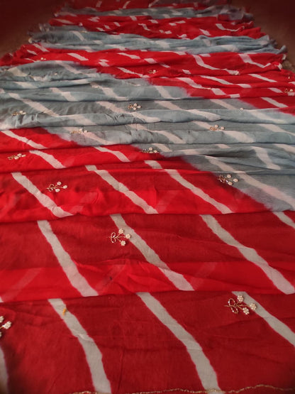 Beautiful Double Shaded Lahariya Saree with Pearl Flower Work with Red Blouse Piece