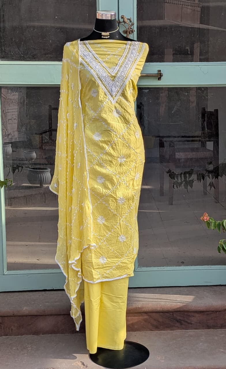 Lace Work Cotton Suit with Hand Bandhej Chiffon Dupatta (Unstitched)