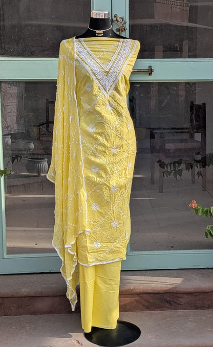 Lace Work Cotton Suit with Hand Bandhej Chiffon Dupatta (Unstitched)