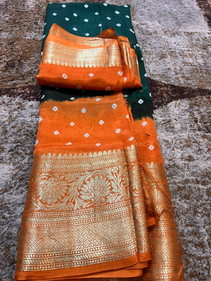 Bottle Green and Orange Soft Silk Banarasi Saree with Running Blouse