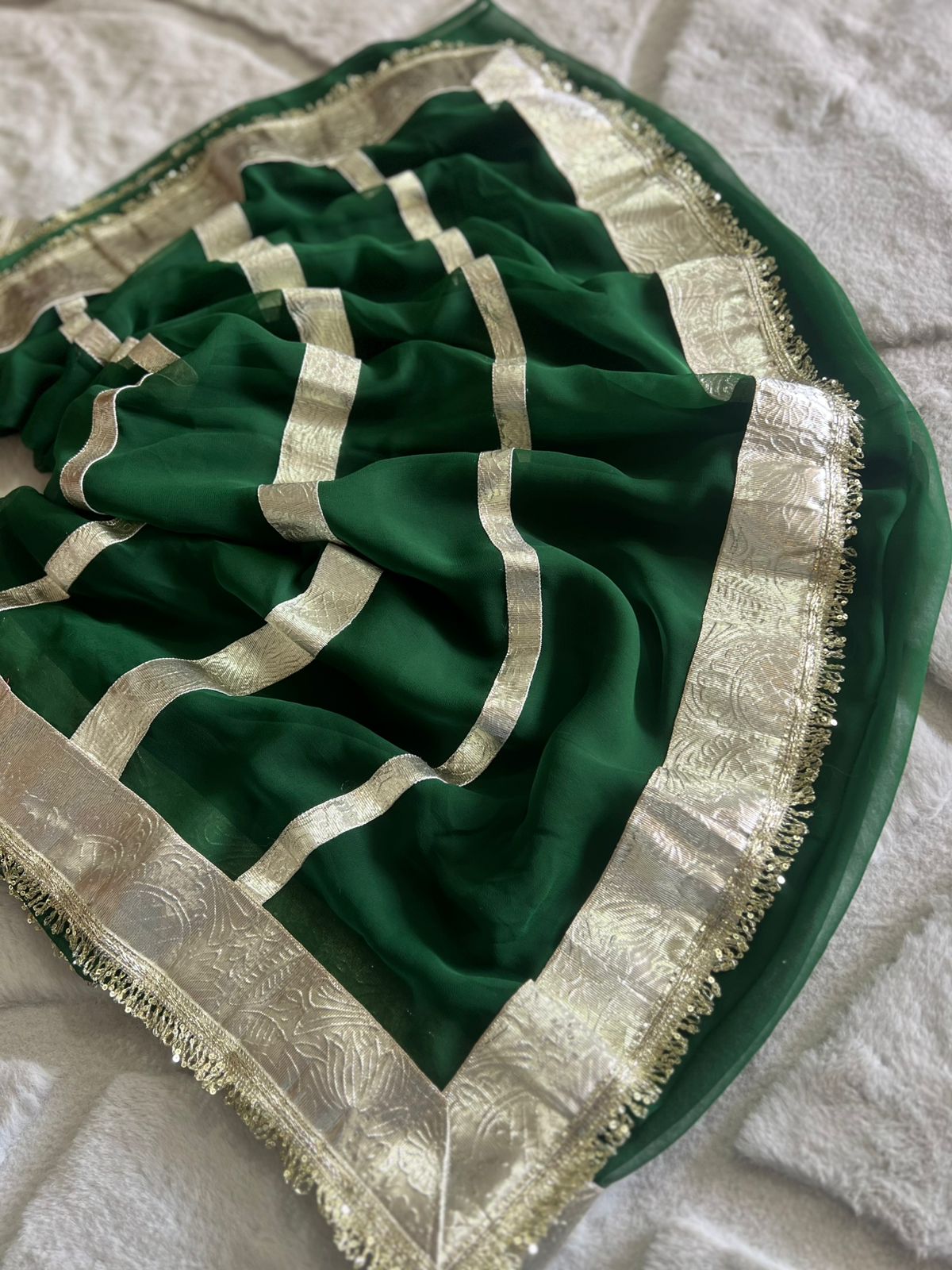 Bottle Green Colour Celebrity Inspired Gota Chiffon Saree with Same Fabric Blouse in Running
