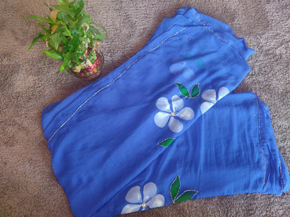 Blue Flower Pearl Work Chiffon Saree with Blouse Piece